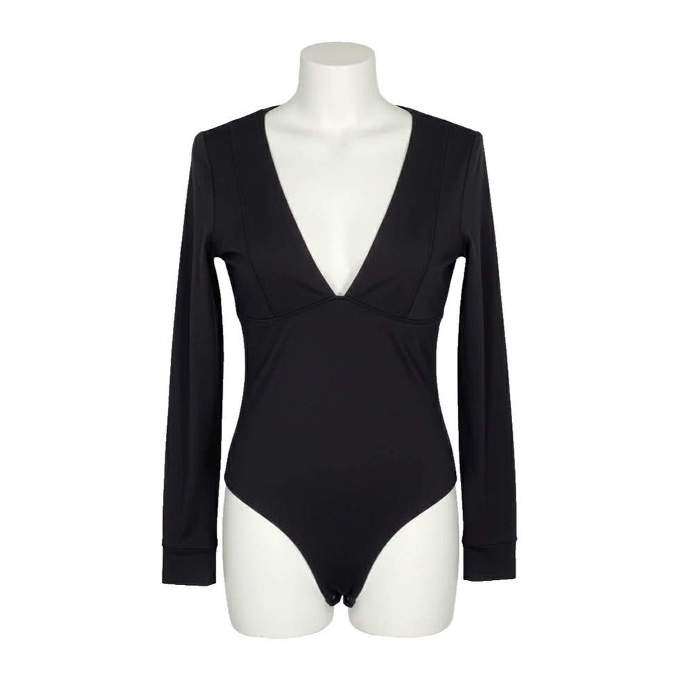 Free People Black Bodysuit Plunge Long Sleeve Size Small slimming deep vneck